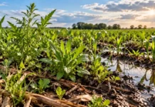 El Niño favorece la aparición de malezas: el INTA advierte qué revisar antes de aplicar herbicidas Malezas creciendo entre plantas de maíz en un lote agrícola con suelo húmedo y sectores anegados, ilustrando los desafíos del manejo durante El Niño.