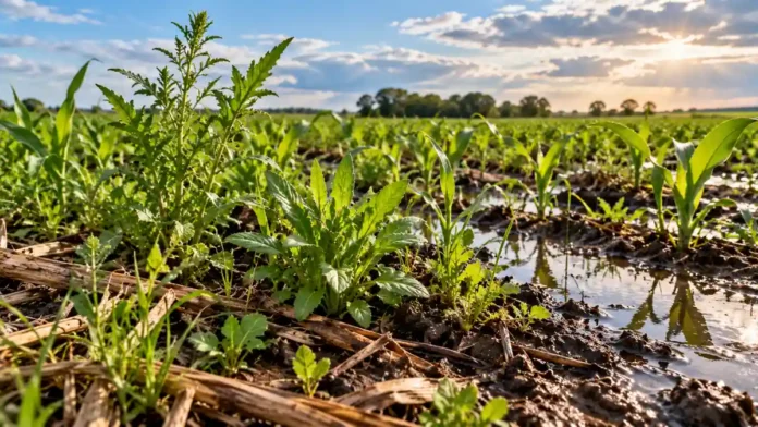 el-nino-malezas-entre-rios-manejo-ruralnet Malezas creciendo entre plantas de maíz en un lote agrícola con suelo húmedo y sectores anegados, ilustrando los desafíos del manejo durante El Niño.