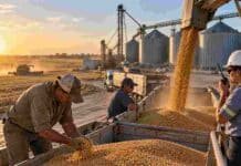 Sin retenciones, el agro podría sumar más de 850.000 empleos en 10 años, según FADA Trabajadores en una planta de acopio durante la carga de granos, con camiones, silos y una cosechadora al fondo, en una imagen ilustrativa del empleo agroindustrial argentino.