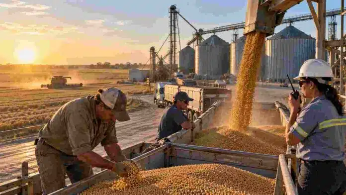Trabajadores en una planta de acopio durante la carga de granos, con camiones, silos y una cosechadora al fondo, en una imagen ilustrativa del empleo agroindustrial argentino.