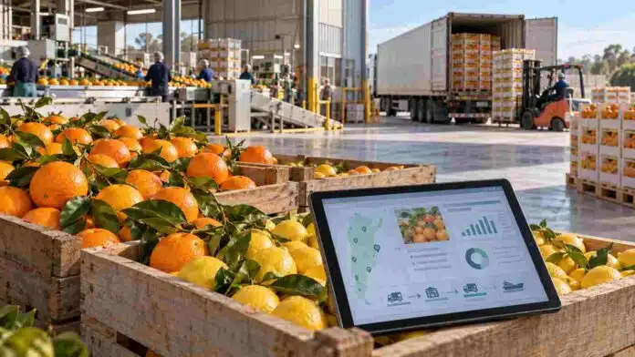 Cítricos preparados para exportación en una planta de empaque, con una tablet que representa la trazabilidad digital y la gestión del nuevo sistema del SENASA.