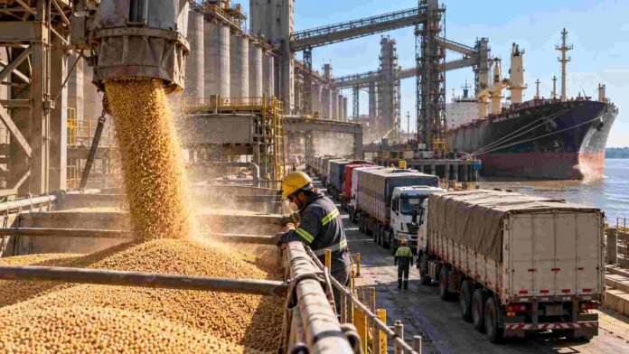 exportaciones-agroindustriales-record-argentina-ruralnet Operación de carga de granos en un puerto agroindustrial argentino, con camiones en fila, un operario supervisando la carga y un buque granelero listo para exportación.