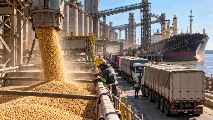 exportaciones-agroindustriales-record-argentina-ruralnet Operación de carga de granos en un puerto agroindustrial argentino, con camiones en fila, un operario supervisando la carga y un buque granelero listo para exportación.