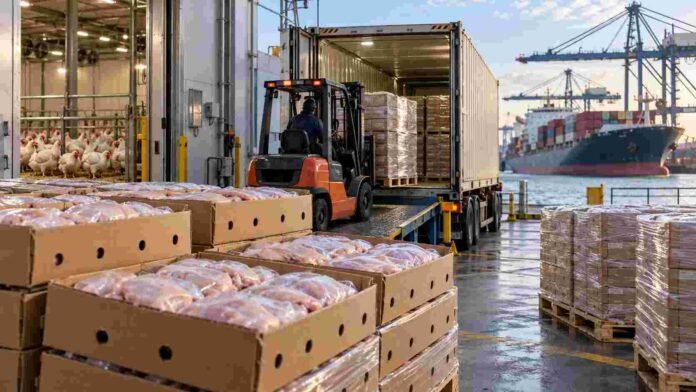 Carne aviar preparada para exportación en una planta industrial, con carga de mercadería hacia contenedores y un buque portacontenedores al fondo.