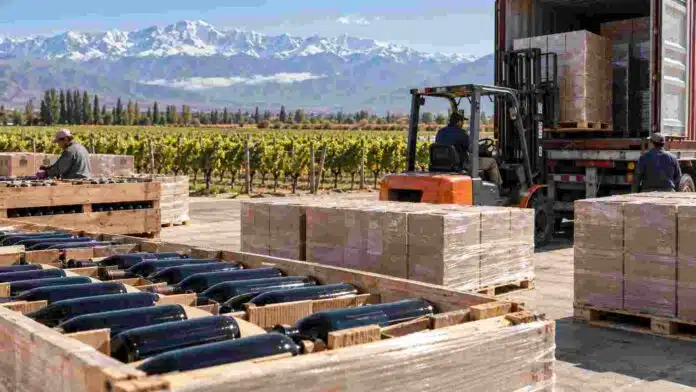Cajas de vino argentino preparadas para exportación junto a un viñedo, con carga logística en una zona vitivinícola de montaña.