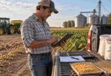 Crédito para la campaña 2026/27: qué opciones arrancan en 5% en dólares y 16,6% en pesos Productor agropecuario revisando opciones de financiamiento para la campaña agrícola 2026/27, con maquinaria y granos en el establecimiento.