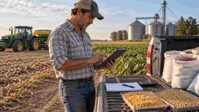 Productor agropecuario revisando opciones de financiamiento para la campaña agrícola 2026/27, con maquinaria y granos en el establecimiento.