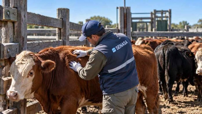 Técnico inspeccionando un bovino para detectar garrapatas antes del movimiento de hacienda, en el marco de los controles sanitarios del SENASA.