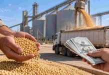 Retenciones cero por ley y granos pagados en dólares: el pedido de la Rural de Rosario al Congreso Granos en primer plano junto a dólares y una terminal de acopio, en una imagen vinculada al reclamo para cobrar cereales en la moneda en que cotizan.