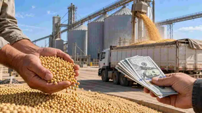 granos-pago-dolares-exportacion-ruralnet Granos en primer plano junto a dólares y una terminal de acopio, en una imagen vinculada al reclamo para cobrar cereales en la moneda en que cotizan.