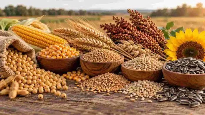granos-soja-maiz-trigo-cebada-girasol-ruralnet Soja, maíz, trigo, cebada, sorgo y girasol reunidos en una composición horizontal para ilustrar el mercado de granos.