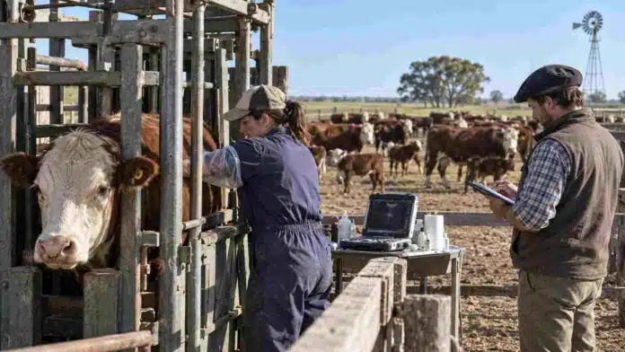 Veterinaria trabaja con un bovino en una manga mientras otro profesional registra datos reproductivos del rodeo, en una jornada de manejo ganadero.