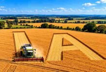 IA en el agro: seis claves para usarla en la gestión sin delegar las decisiones Cosechadora trabajando en un lote agrícola con las letras IA trazadas sobre el cultivo, en una imagen que representa el uso de inteligencia artificial en la gestión agropecuaria.