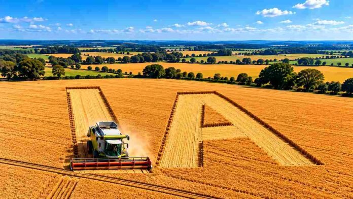 inteligencia-artificial-agro-cosecha-ruralnet Cosechadora trabajando en un lote agrícola con las letras IA trazadas sobre el cultivo, en una imagen que representa el uso de inteligencia artificial en la gestión agropecuaria.