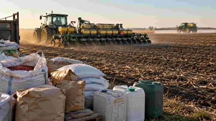 inversion-campana-agricola-financiamiento-ruralnet Sembradora y pulverizadora trabajando en un lote junto a insumos agrícolas, en una imagen que representa la inversión y el financiamiento necesarios para poner en marcha una campaña agrícola.