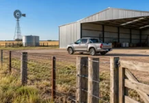 Invertir en el campo: una camioneta 4×4 cuesta 39% menos en kilos de novillo, pero construir un galpón es 33% más caro en trigo Camioneta 4x4 frente a un galpón agrícola, con alambrados, molino y tanque australiano en un establecimiento rural argentino, ilustrando los costos de inversión en el campo.