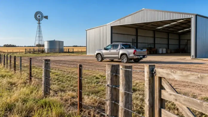 Camioneta 4x4 frente a un galpón agrícola, con alambrados, molino y tanque australiano en un establecimiento rural argentino, ilustrando los costos de inversión en el campo.