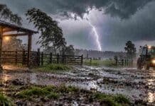 Hasta 50 mm de lluvia, granizo y fuerte actividad eléctrica en dos provincias Tormenta con lluvias intensas, granizo y fuerte actividad eléctrica en un entorno rural.