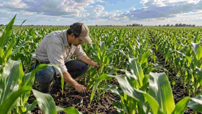 Productor inspeccionando un lote de maíz en desarrollo para evaluar el estado del cultivo y ajustar decisiones de manejo.