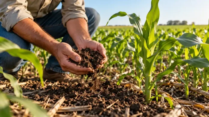 Productor agrícola examina una muestra de suelo en un lote de maíz del NEA, destacando la importancia de la materia orgánica para mejorar el rendimiento del cultivo.
