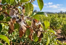 Yerba mate: el INTA alerta por el mal de la tela y explica cómo detectar la enfermedad antes de que avance Rama de yerba mate con hojas secas y filamentos blanquecinos que ilustran los síntomas del mal de la tela, enfermedad que afecta a los yerbales.