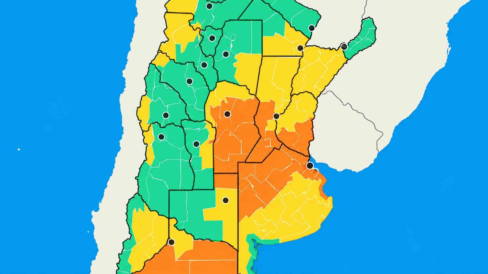 Mapa del pronóstico climático para Argentina con zonas diferenciadas según las condiciones previstas.