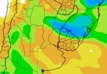 Perspectiva agroclimática hasta el 28 de octubre: dónde se esperan lluvias de más de 100 mm Mapa de precipitaciones previstas para octubre de 2026 en el Litoral argentino y Uruguay, con zonas de mayores acumulados representadas en tonos azules y verdes.