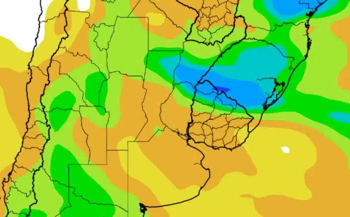 Mapa de precipitaciones previstas para octubre de 2026 en el Litoral argentino y Uruguay, con zonas de mayores acumulados representadas en tonos azules y verdes.