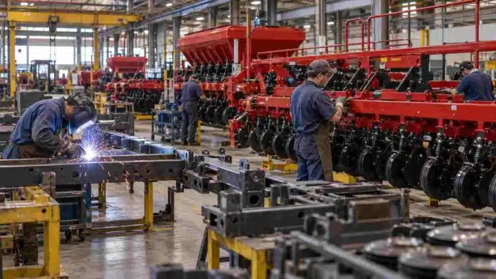 Operarios trabajan en una planta industrial de maquinaria agrícola, con una línea de ensamblaje de sembradoras y estructuras metálicas en producción.