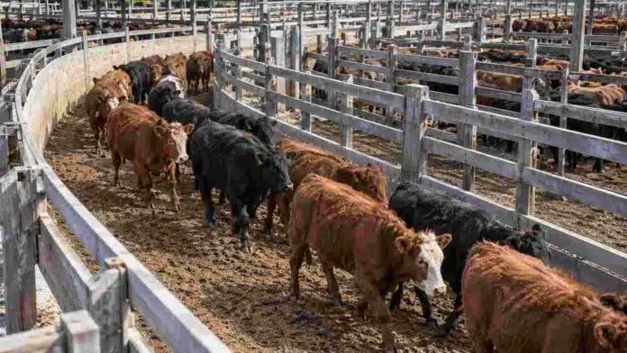 mercado-agroganadero-canuelas-30-octubre-ruralnet Bovinos Angus y Hereford avanzan por una manga de corrales de comercialización, ilustrando los precios de la hacienda en el Mercado Agroganadero de Cañuelas del 30 de octubre de 2026.