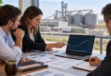 El MAV superó el 3% del PIB y alcanzó un récord histórico mpresarios analizan gráficos financieros en una reunión frente a instalaciones agroindustriales, en un contexto de crecimiento del Mercado Argentino de Valores y del financiamiento a pymes.