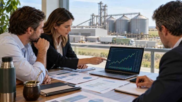 mpresarios analizan gráficos financieros en una reunión frente a instalaciones agroindustriales, en un contexto de crecimiento del Mercado Argentino de Valores y del financiamiento a pymes.
