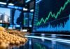 Cambio cultural en el agro: la toma de coberturas con futuros ya cubre el 76% de la cosecha de soja, maíz y trigo Pantallas con gráficos del mercado de futuros junto a granos de soja, maíz y trigo, en una imagen que representa el récord de operaciones del mercado A3 en Argentina.