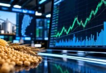 Cambio cultural en el agro: la toma de coberturas con futuros ya cubre el 76% de la cosecha de soja, maíz y trigo Pantallas con gráficos del mercado de futuros junto a granos de soja, maíz y trigo, en una imagen que representa el récord de operaciones del mercado A3 en Argentina.