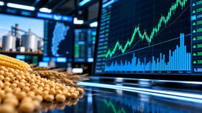 mercado-futuros-a3-granos-record-ruralnet Pantallas con gráficos del mercado de futuros junto a granos de soja, maíz y trigo, en una imagen que representa el récord de operaciones del mercado A3 en Argentina.