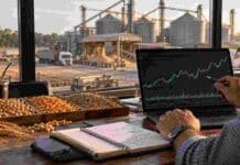 El agro acelera las coberturas: los futuros podrían superar por primera vez las 100 millones de toneladas Productor analizando cotizaciones y coberturas de soja, maíz y trigo en una computadora, con una planta de acopio de granos al fondo.