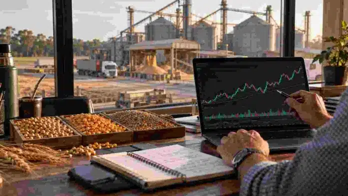 mercado-futuros-coberturas-agro-ruralnet Productor analizando cotizaciones y coberturas de soja, maíz y trigo en una computadora, con una planta de acopio de granos al fondo.