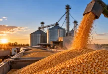 Soja, maíz y trigo: cómo cerraron los precios este viernes 30 de octubre en Rosario Descarga de maíz en una planta de acopio con silos y camiones cerealeros, ilustrando la actividad comercial del mercado argentino de granos.