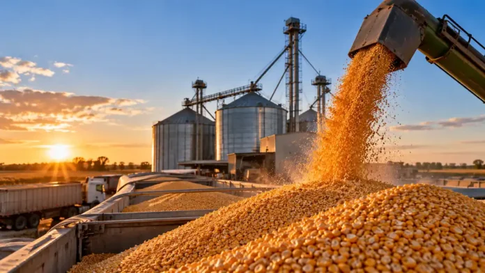 mercado-granos-acopio-maiz-30-octubre-ruralnet Descarga de maíz en una planta de acopio con silos y camiones cerealeros, ilustrando la actividad comercial del mercado argentino de granos.