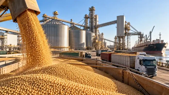 Descarga de granos en una terminal agroexportadora con silos, camiones y un buque cerealero, ilustrando la comercialización agrícola en Rosario.