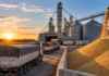 Mercado de granos del 29 de octubre: la soja sostuvo las operaciones y los cereales retrocedieron Camiones cerealeros esperando descarga en una planta de acopio con silos y granos almacenados, ilustrando la comercialización de soja, maíz y trigo en Rosario.
