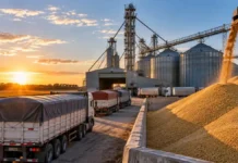Mercado de granos del 29 de octubre: la soja sostuvo las operaciones y los cereales retrocedieron Camiones cerealeros esperando descarga en una planta de acopio con silos y granos almacenados, ilustrando la comercialización de soja, maíz y trigo en Rosario.
