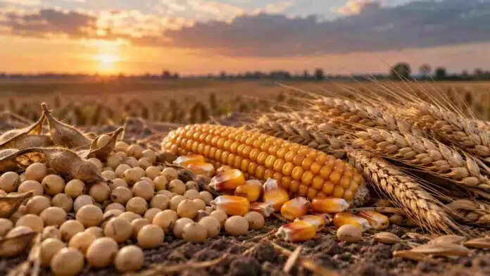 Soja, maíz y trigo en primer plano, en una imagen que representa la operatoria del mercado de granos de Rosario al inicio de octubre.