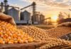 Granos: maíz mejora en las entregas diferidas y el trigo recupera interés por la nueva cosecha Maíz, soja, trigo y girasol en primer plano junto a una terminal portuaria, en una imagen ilustrativa del mercado de granos.