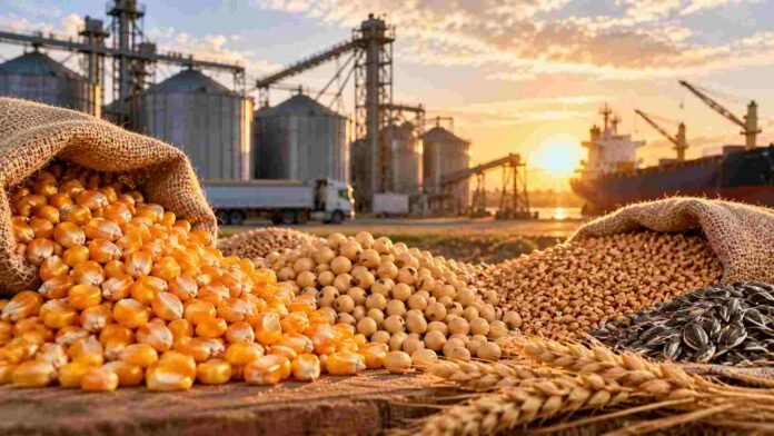 Maíz, soja, trigo y girasol en primer plano junto a una terminal portuaria, en una imagen ilustrativa del mercado de granos.