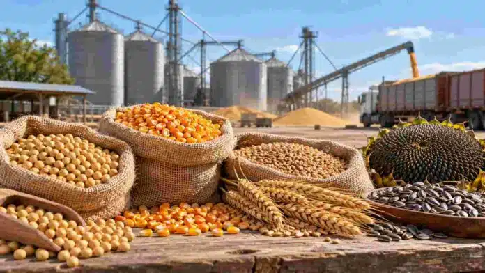 mercado-granos-soja-maiz-trigo-girasol-ruralnet Soja, maíz, trigo y girasol en primer plano, con acopio y movimiento de granos al fondo en una jornada del mercado agrícola.
