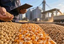 Granos: Rosario resiste la baja de Chicago, la soja lidera y el maíz amplía entregas hasta agosto Soja, maíz y trigo en primer plano durante una jornada de comercialización de granos, con silos, camiones y actividad de acopio al fondo.