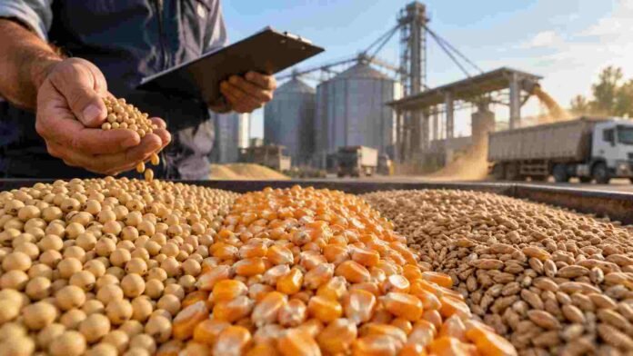 mercado-granos-soja-maiz-trigo-rosario-ruralnet Soja, maíz y trigo en primer plano durante una jornada de comercialización de granos, con silos, camiones y actividad de acopio al fondo.