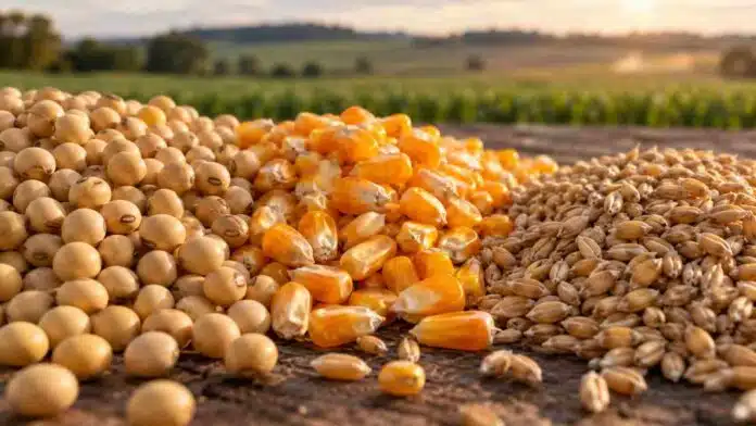 mercado-granos-soja-maiz-trigo-rosario-ruralnet Granos de soja, maíz y trigo en primer plano, en una imagen que representa el cierre semanal del mercado de granos de Rosario.