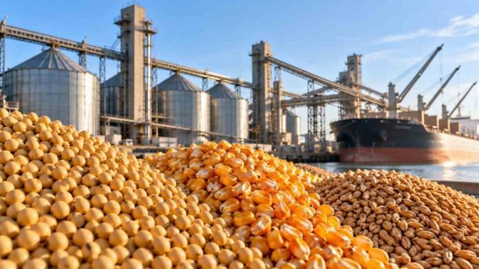 mercado-granos-soja-maiz-trigo-ruralnet Soja, maíz y trigo en primer plano junto a una terminal de acopio y exportación, en una imagen ilustrativa del mercado de granos.